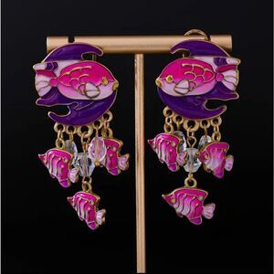 18K Gold Plated Purple & Pink Sea Of Fish Dangle Drop Earrings